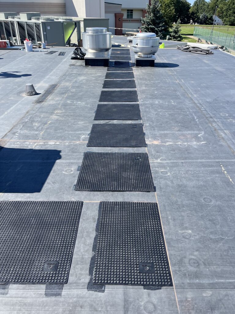 EPDM commercial roof with walk pads at University Hospitals in Avon Ohio
